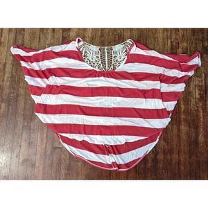 Bongo Y2K red white striped bat wing boho hippie lace blouse